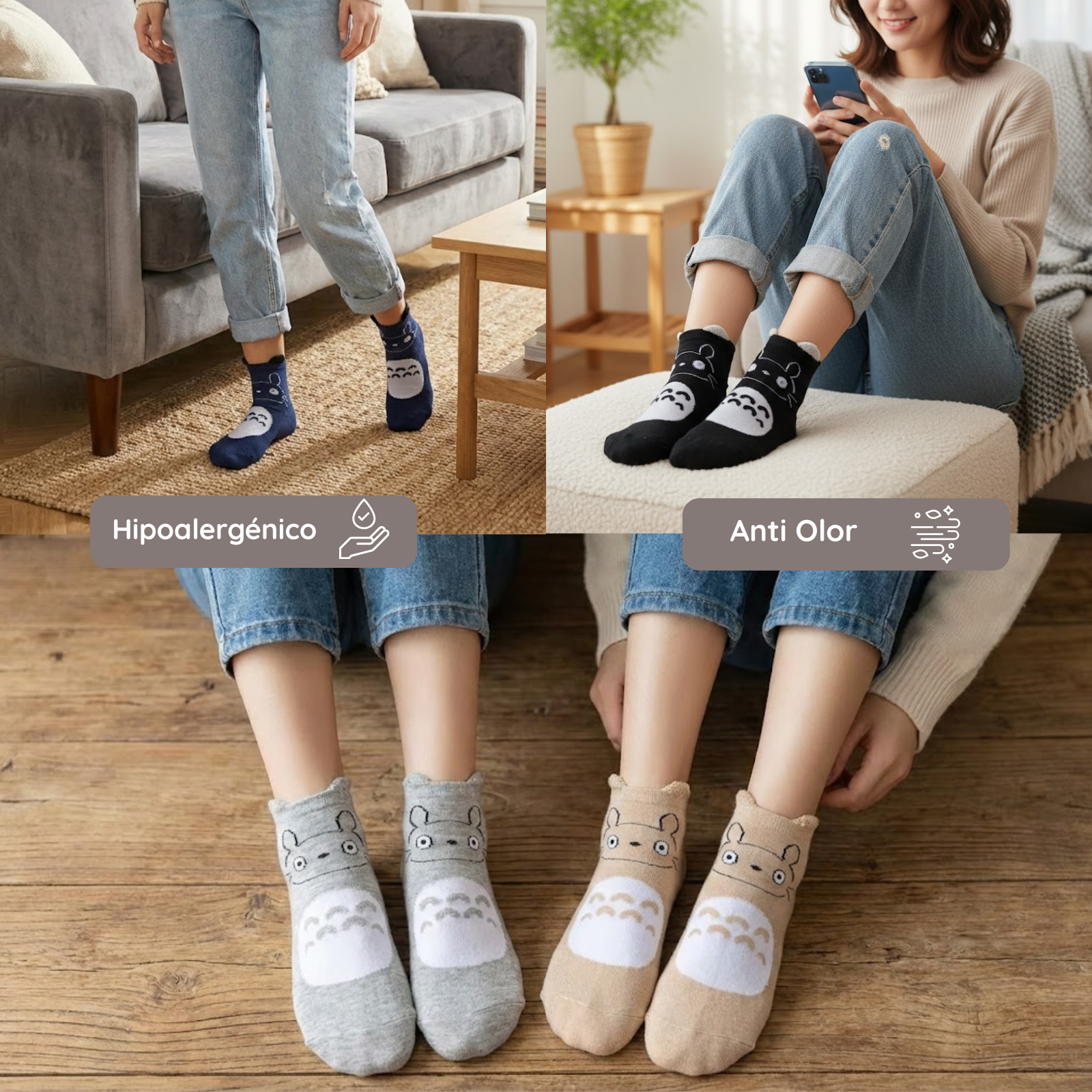 Calcetines tobilleros de gatos con orejitas sobre varios colores