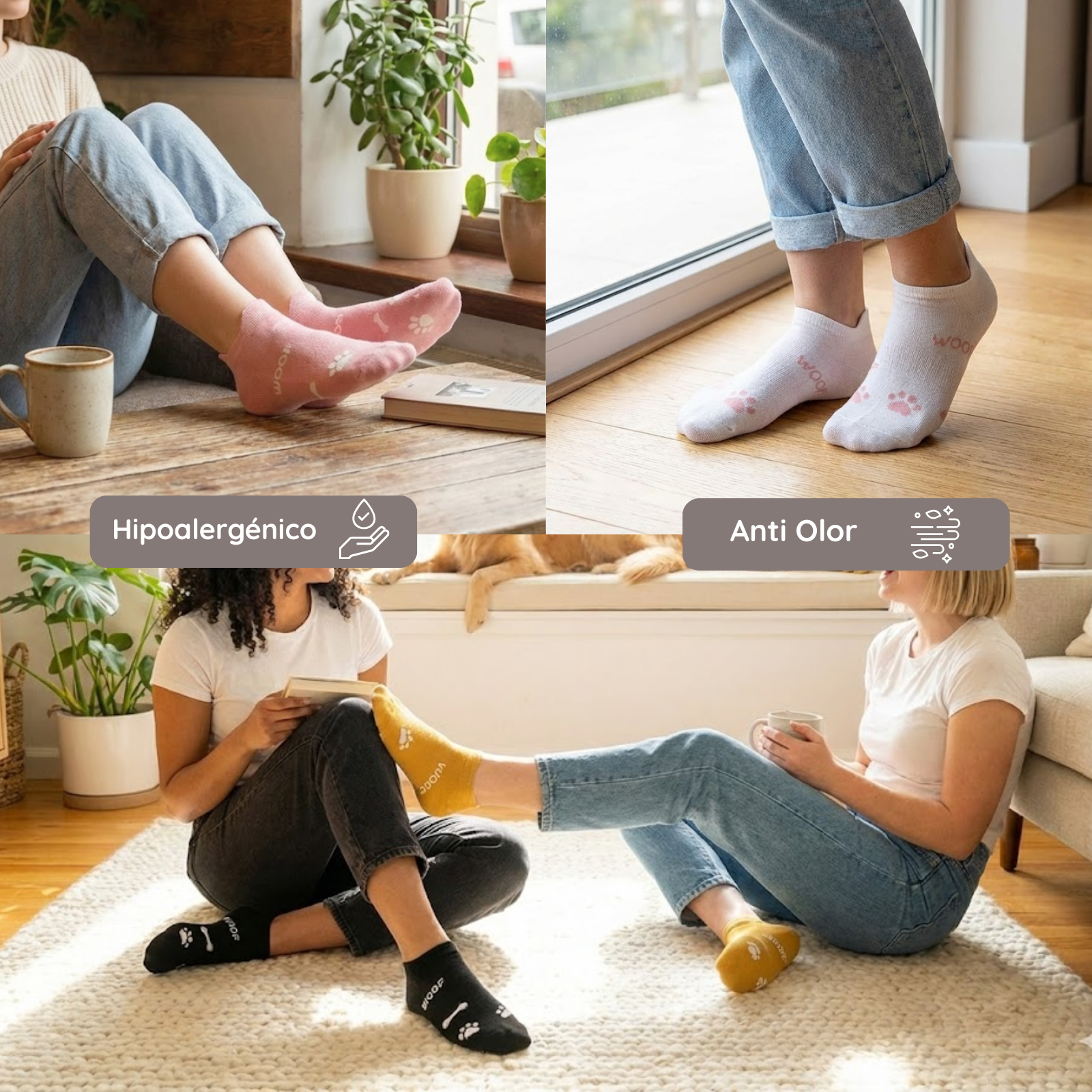 Calcetines tobilleros con estampado de perro, huellas y huesos
