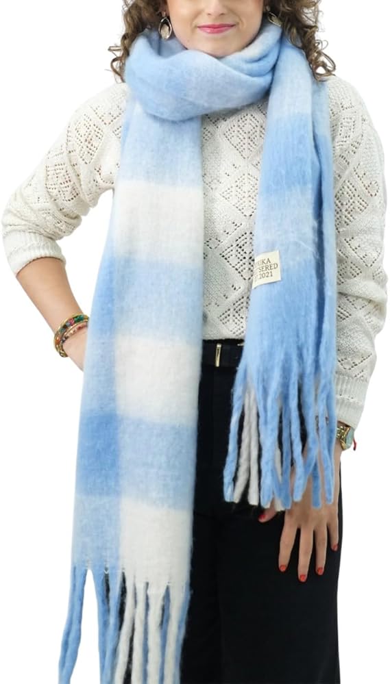 Bufanda de Mujer para Invierno Cuadros Azul-Blanco