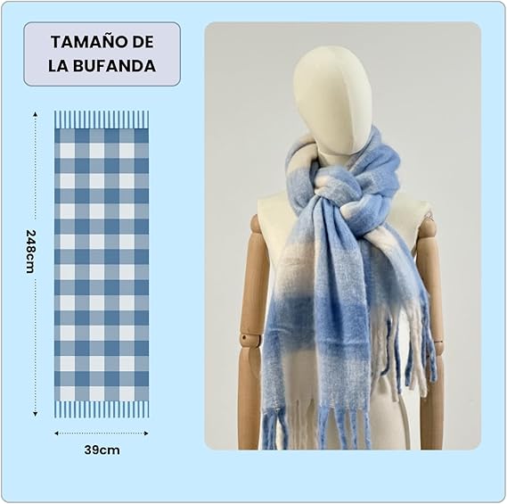 Bufanda de Mujer para Invierno Cuadros Azul-Blanco