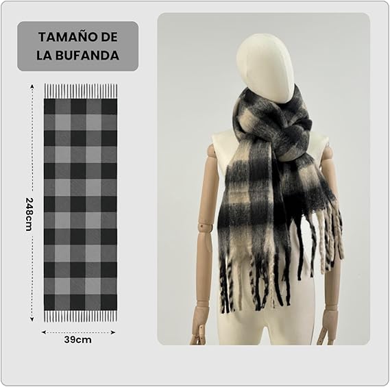 Bufanda de Mujer para Invierno Cuadros Blanco-Negro