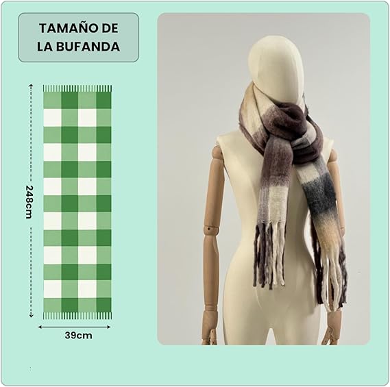 Bufanda de Mujer para Invierno Cuadros Verde-Blanco