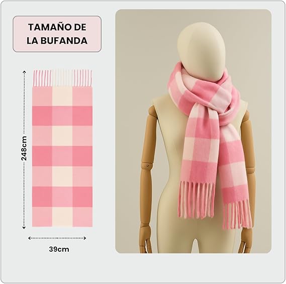 Bufanda de Mujer para Invierno Cuadros Rosa- Blanco