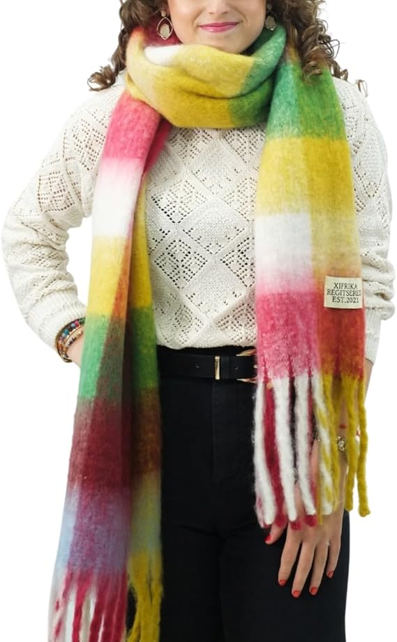 Bufanda de Mujer para Invierno Cuadros Rosa-Verde-Amarillo