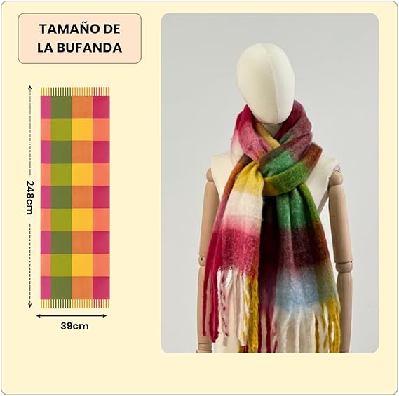 Bufanda de Mujer para Invierno Cuadros Rosa-Verde-Amarillo
