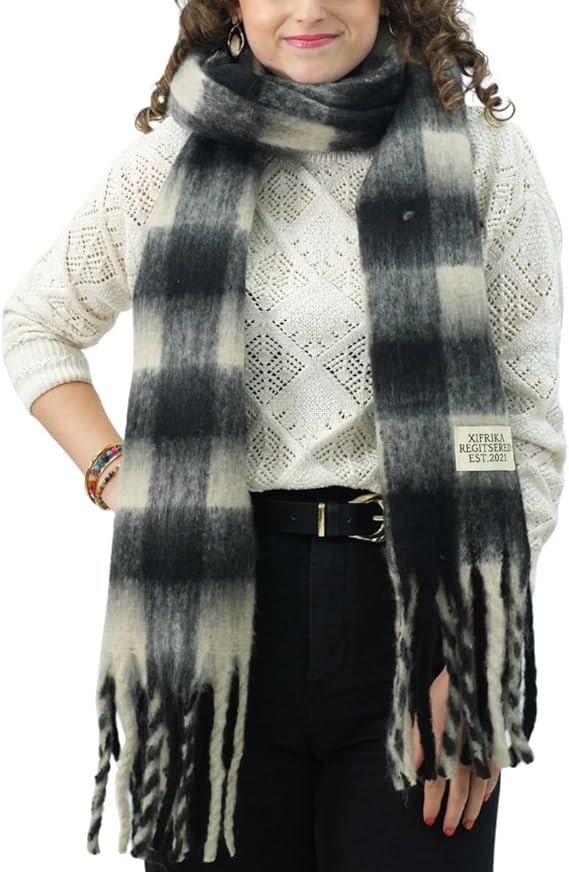 Bufanda de Mujer para Invierno Cuadros Blanco-Negro