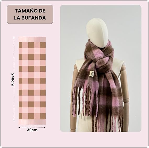 Bufanda de Mujer para Invierno Cuadros Rosa-Marrón