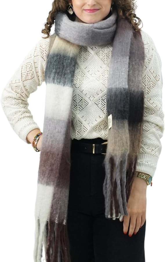 Bufanda de Mujer para Invierno Cuadros Gris-Blanco