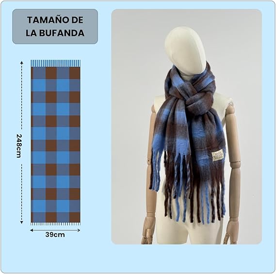 Bufanda de Mujer para Invierno Cuadros Azul-Marrón