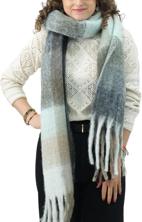 Bufanda de Mujer para Invierno Cuadros Verde-Blanco