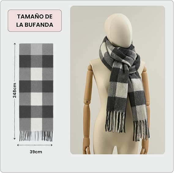 Bufanda de Mujer para Invierno Cuadros Gris-Blanco