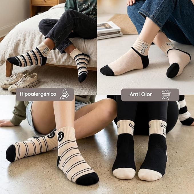 Calcetines tobilleros con rayas y dibujos divertidos