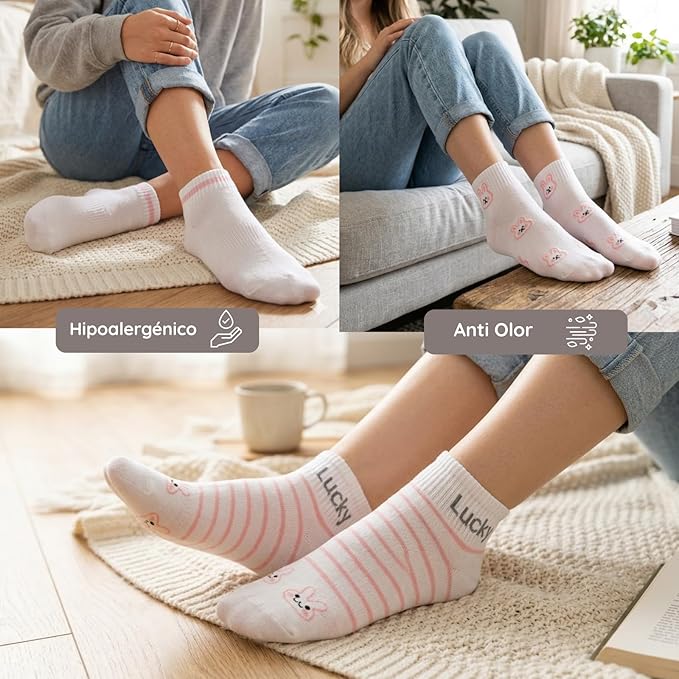 Calcetines tobilleros con rayas y estampado de conejitos
