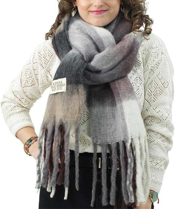 Bufanda de Mujer para Invierno Cuadros Gris-Blanco