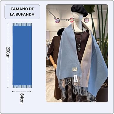 Bufanda Larga para Mujer con Flecos Azul-Gris