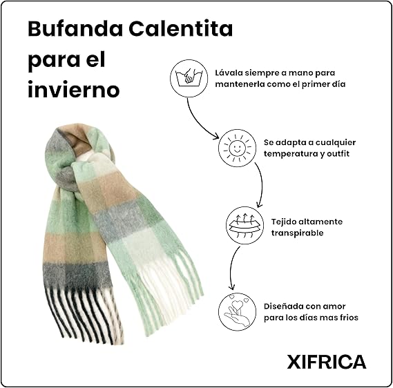 Bufanda de Mujer para Invierno Cuadros Verde-Blanco