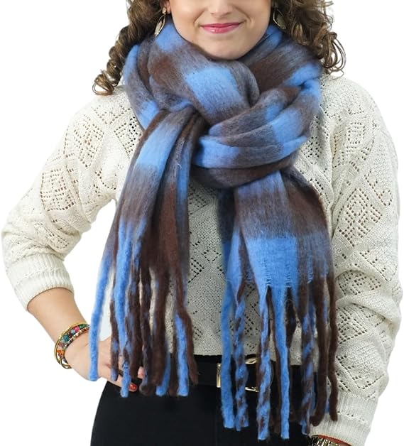 Bufanda de Mujer para Invierno Cuadros Azul-Marrón