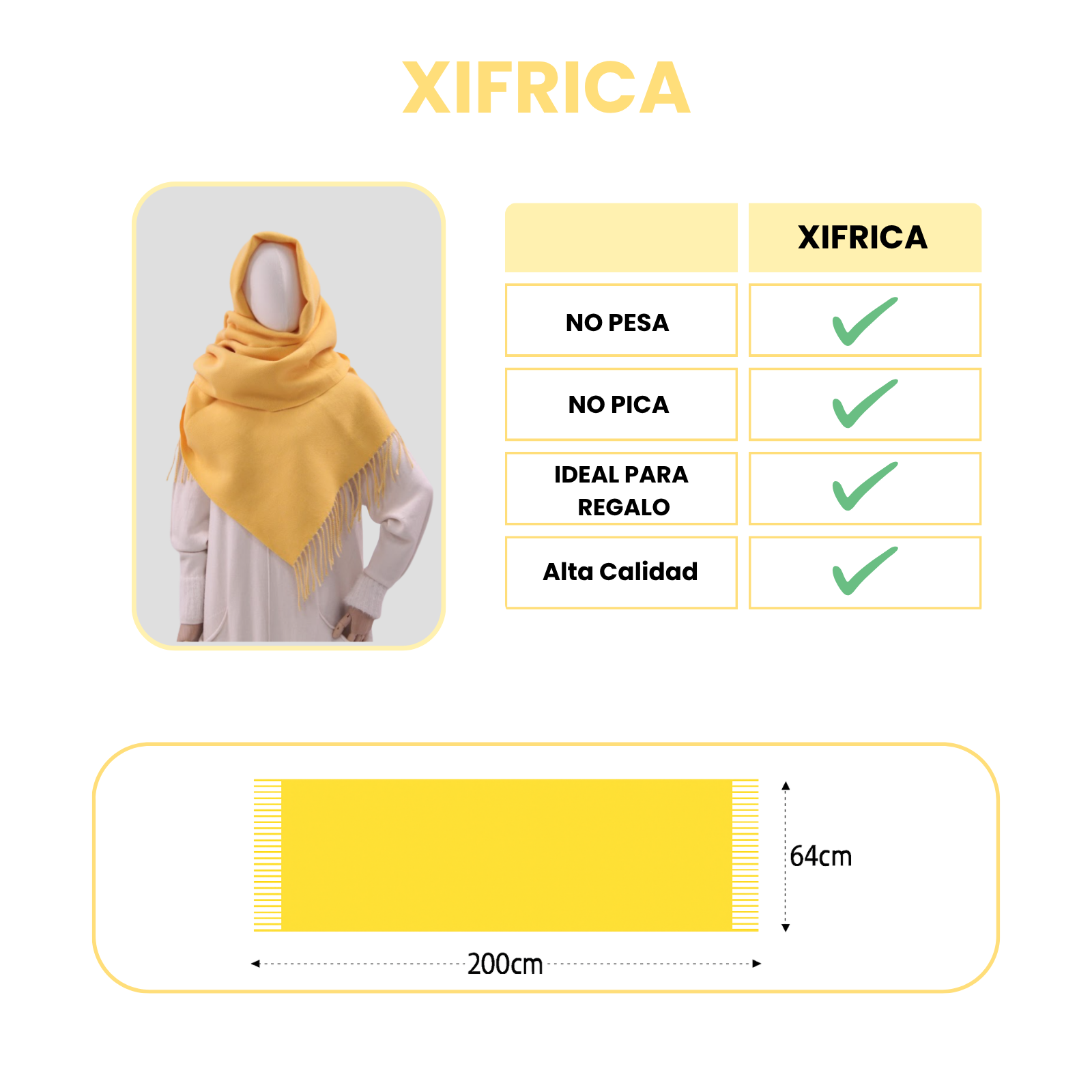 Bufanda Larga para Mujer con Flecos Amarilla XXL