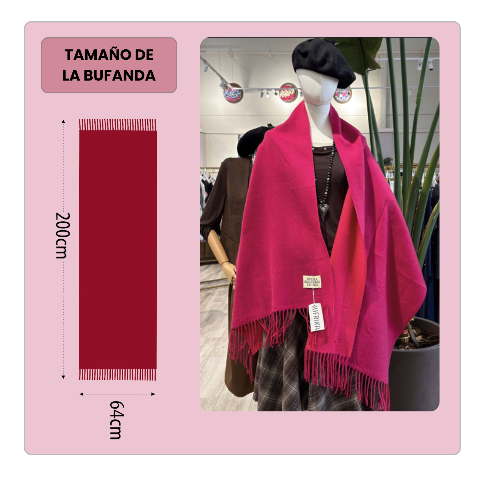 Bufanda Larga para Mujer con Flecos Fucsia