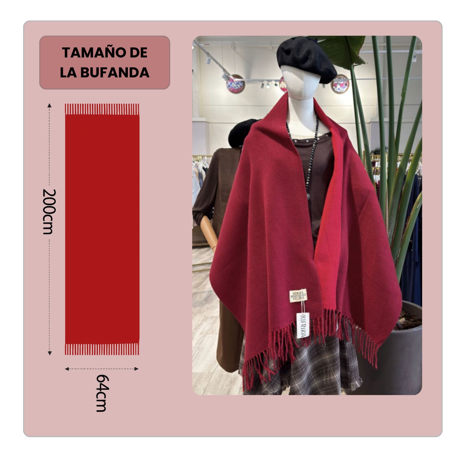 Bufanda Larga para Mujer con Flecos Granate