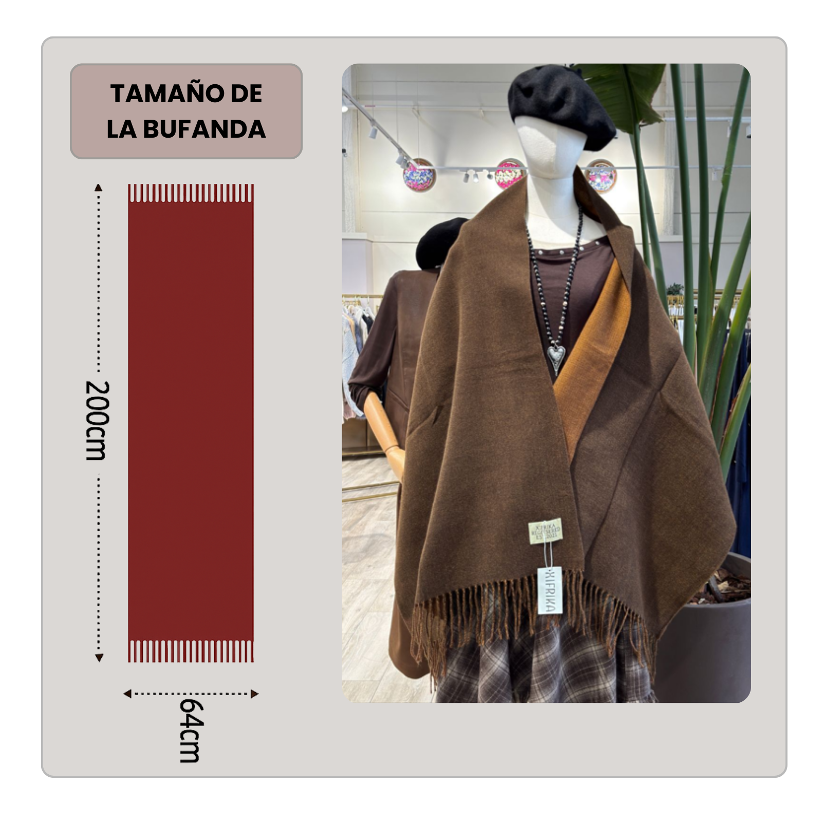 Bufanda Larga para Mujer con Flecos Marrón Oscuro