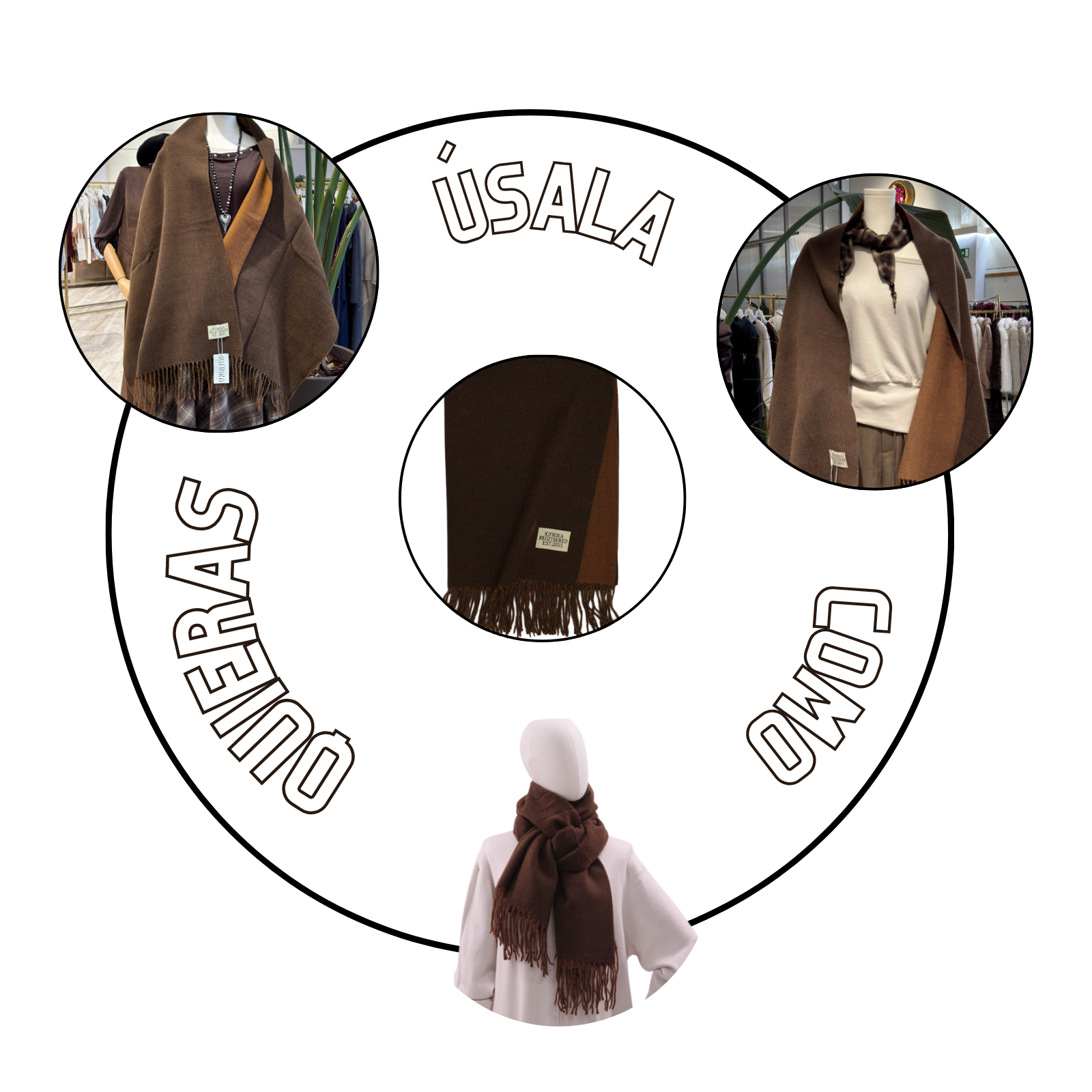 Bufanda Larga para Mujer con Flecos Marrón Oscuro
