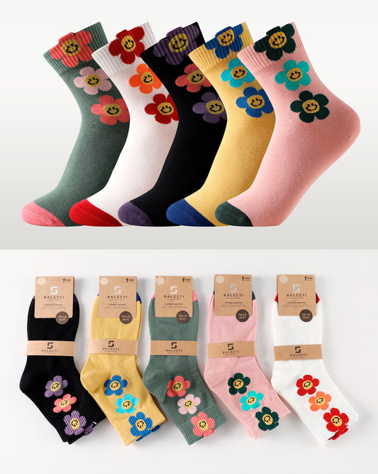 Calcetines de caña media tipo casual talla 35 a la 41 modelo "Happy flower"