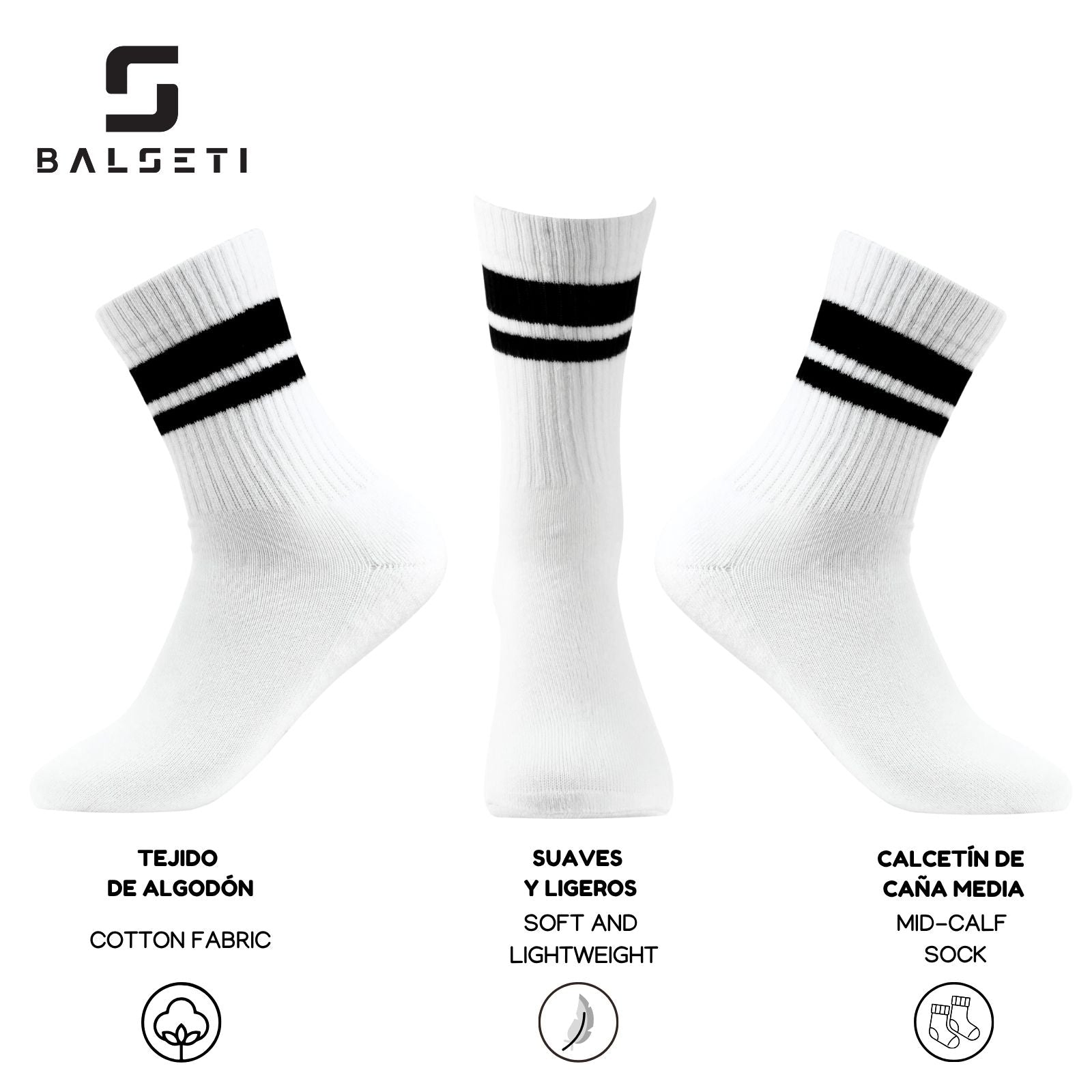 Calcetines deportivos unisex clásicos Blanco con 2 franjas negras