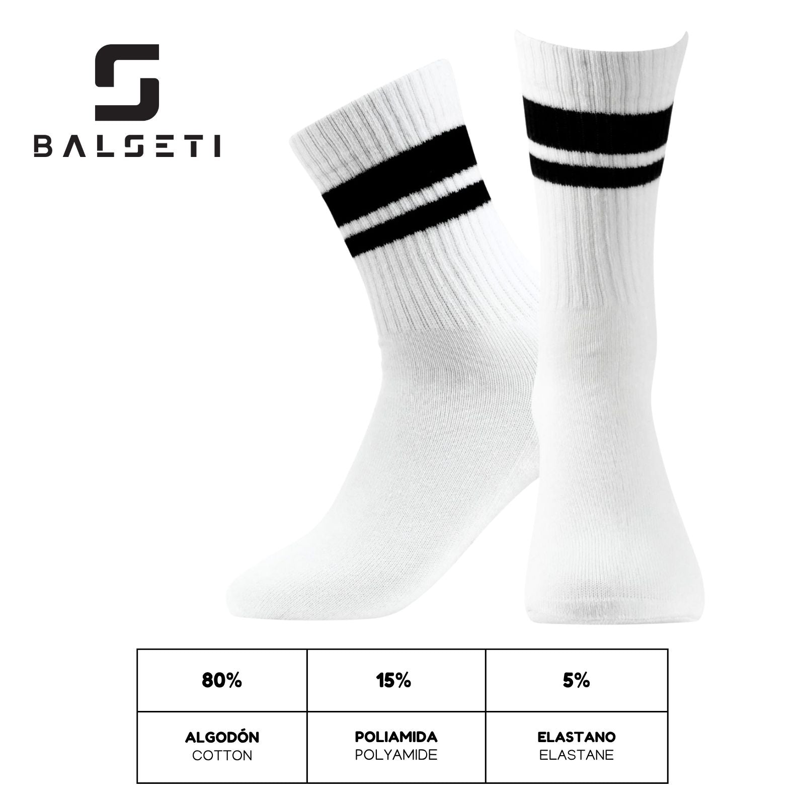 Calcetines deportivos unisex clásicos Blanco con 2 franjas negras