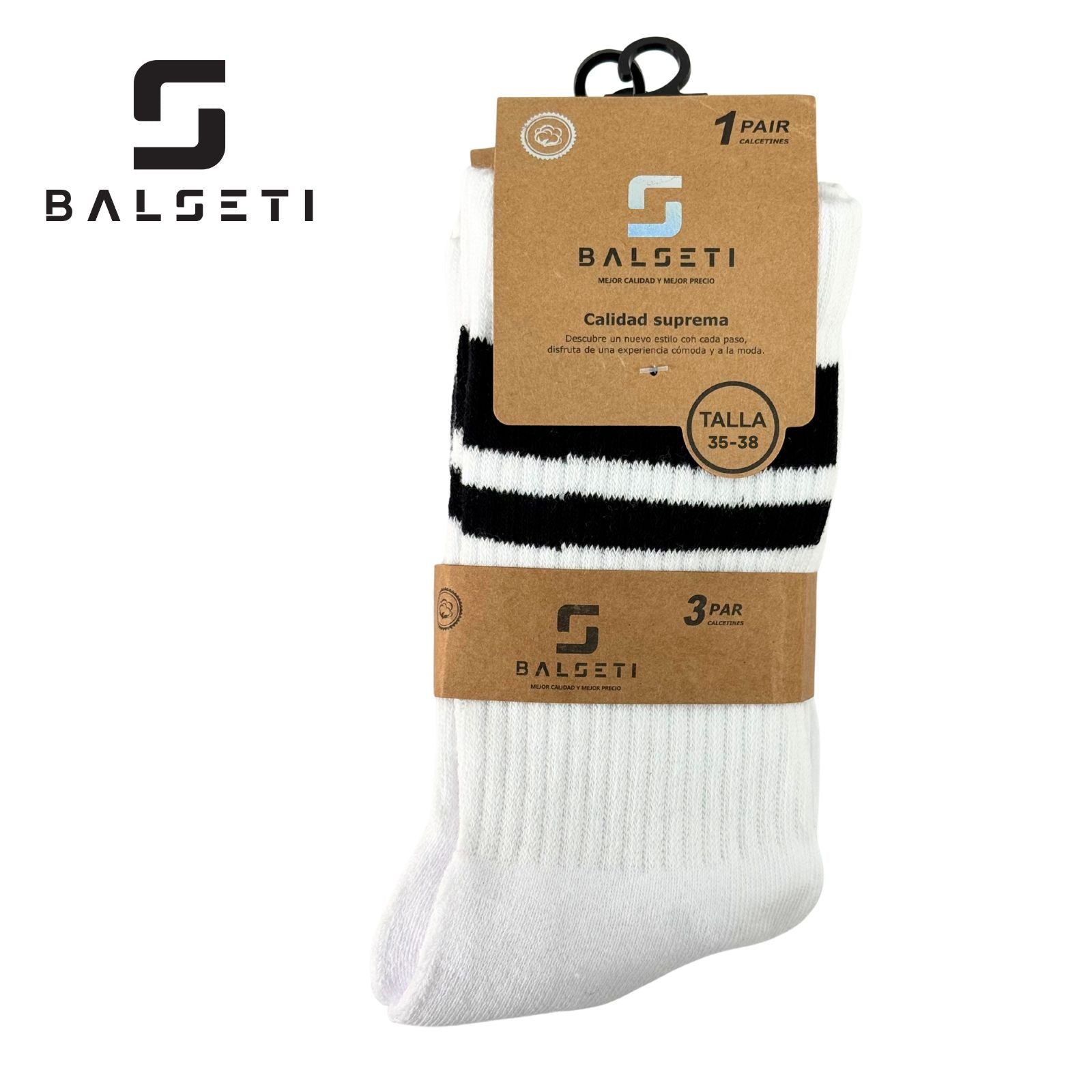 Calcetines deportivos unisex clásicos Blanco con 2 franjas negras