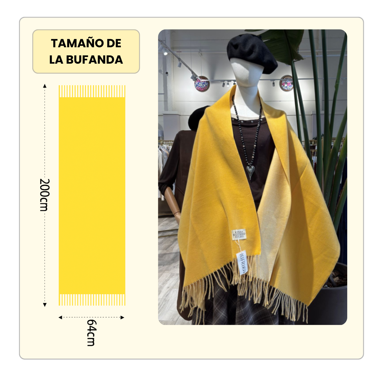 Bufanda Larga para Mujer con Flecos Amarilla XXL