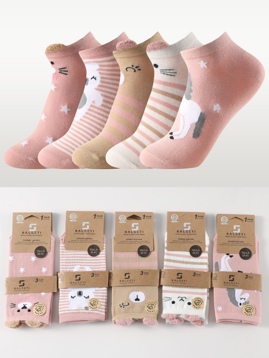 Calcetines estampados invisibles unisex con orejitas modelo "AnimalesII" talla única para las tallas de la 35 a la 41