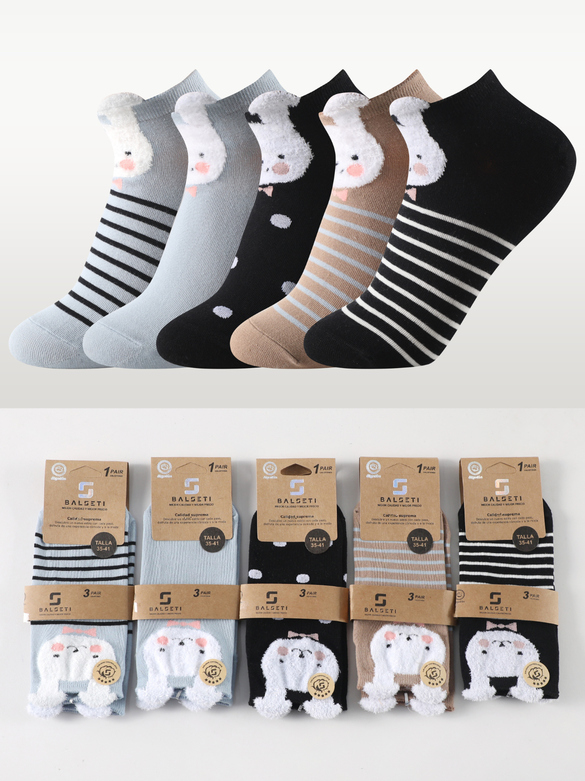 Calcetines estampados invisibles unisex con orejitas modelo "Conejitos" talla única para las tallas de la 35 a la 41