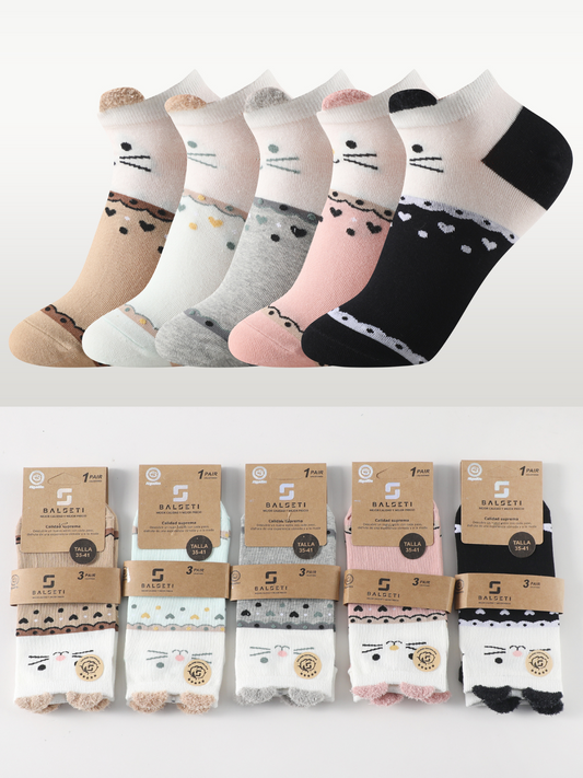 Calcetines estampados invisibles unisex con orejitas modelo "Gatitos" talla única para las tallas de la 35 a la 41