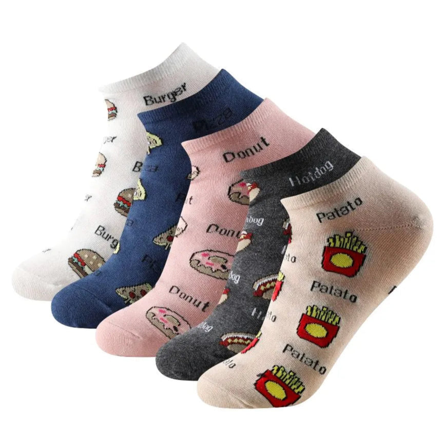 Calcetines tobilleros coloridos con dibujos de comida