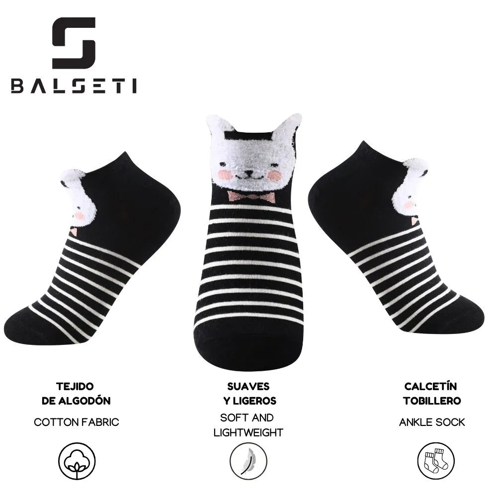 Calcetines tobilleros con estampado de gatitos con rayas y lunares