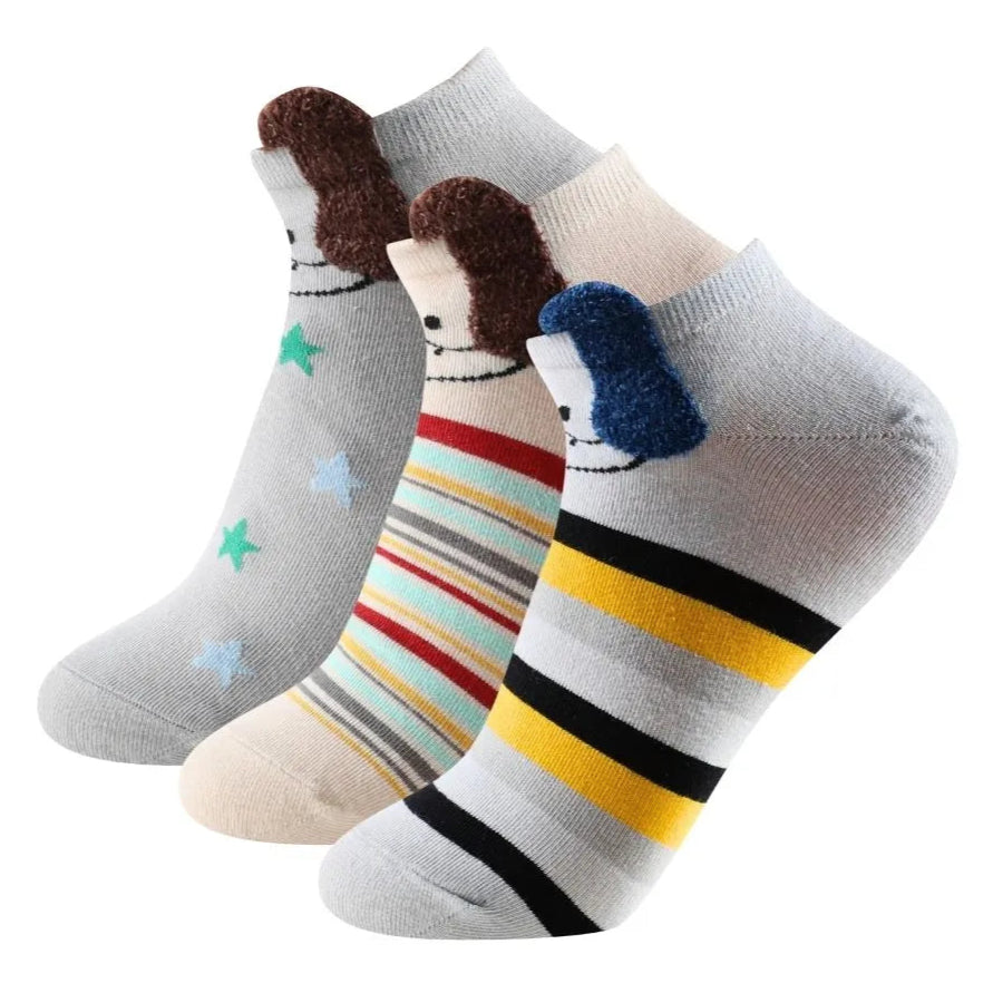 Calcetines tobilleros de gatos con orejitas, estrellas y rayas de colores