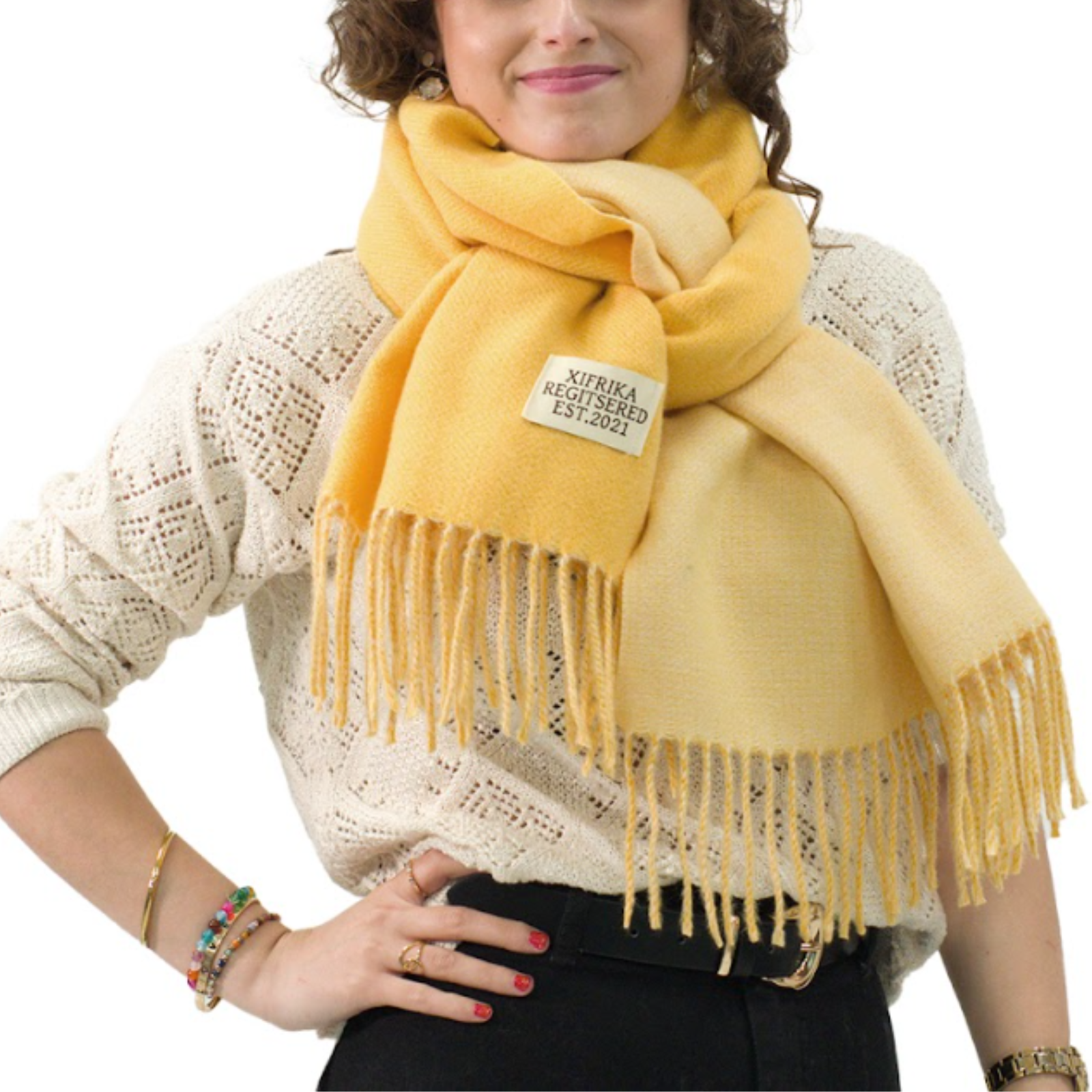 Bufanda Larga para Mujer con Flecos Amarilla XXL