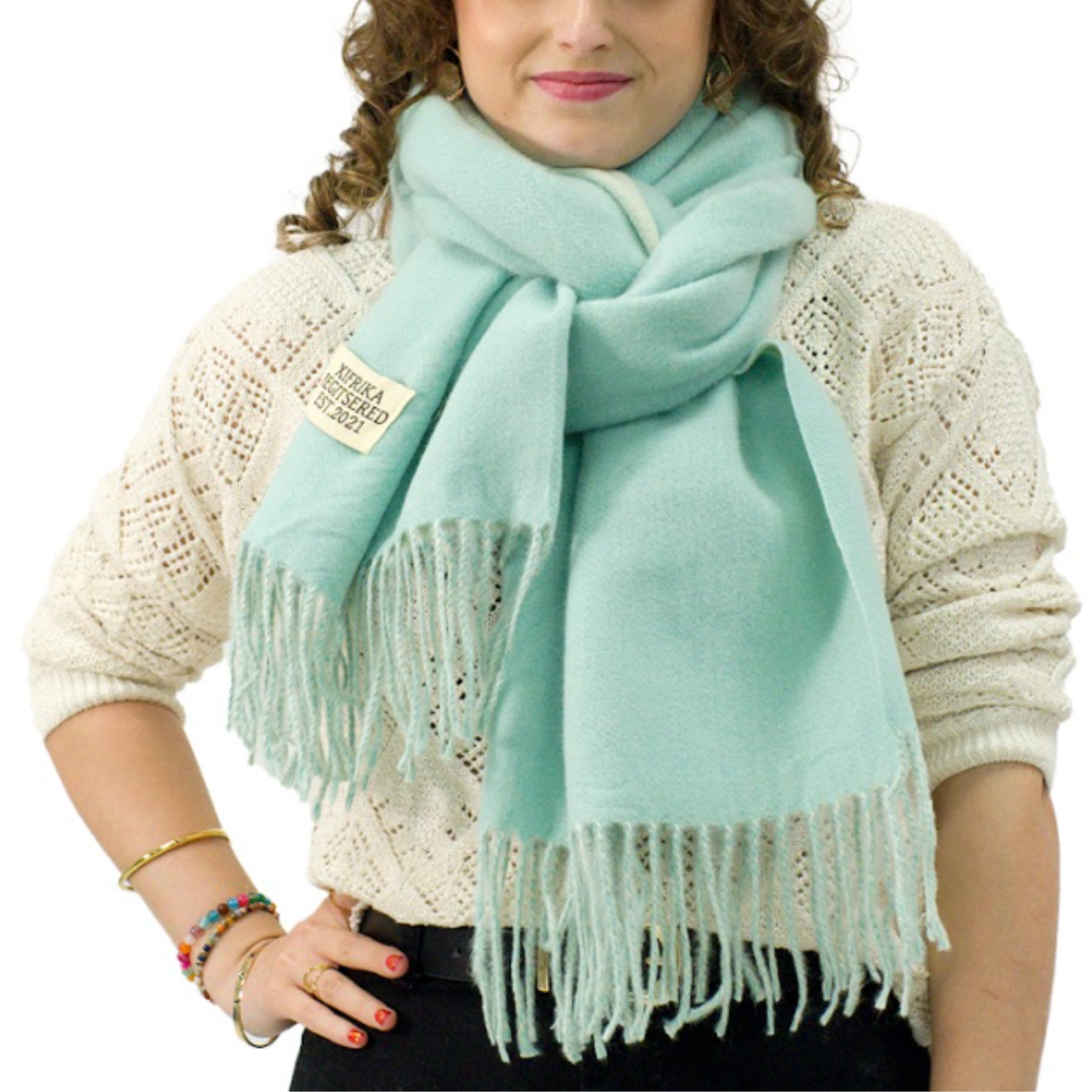 Bufanda Larga para Mujer con Flecos Turquesa