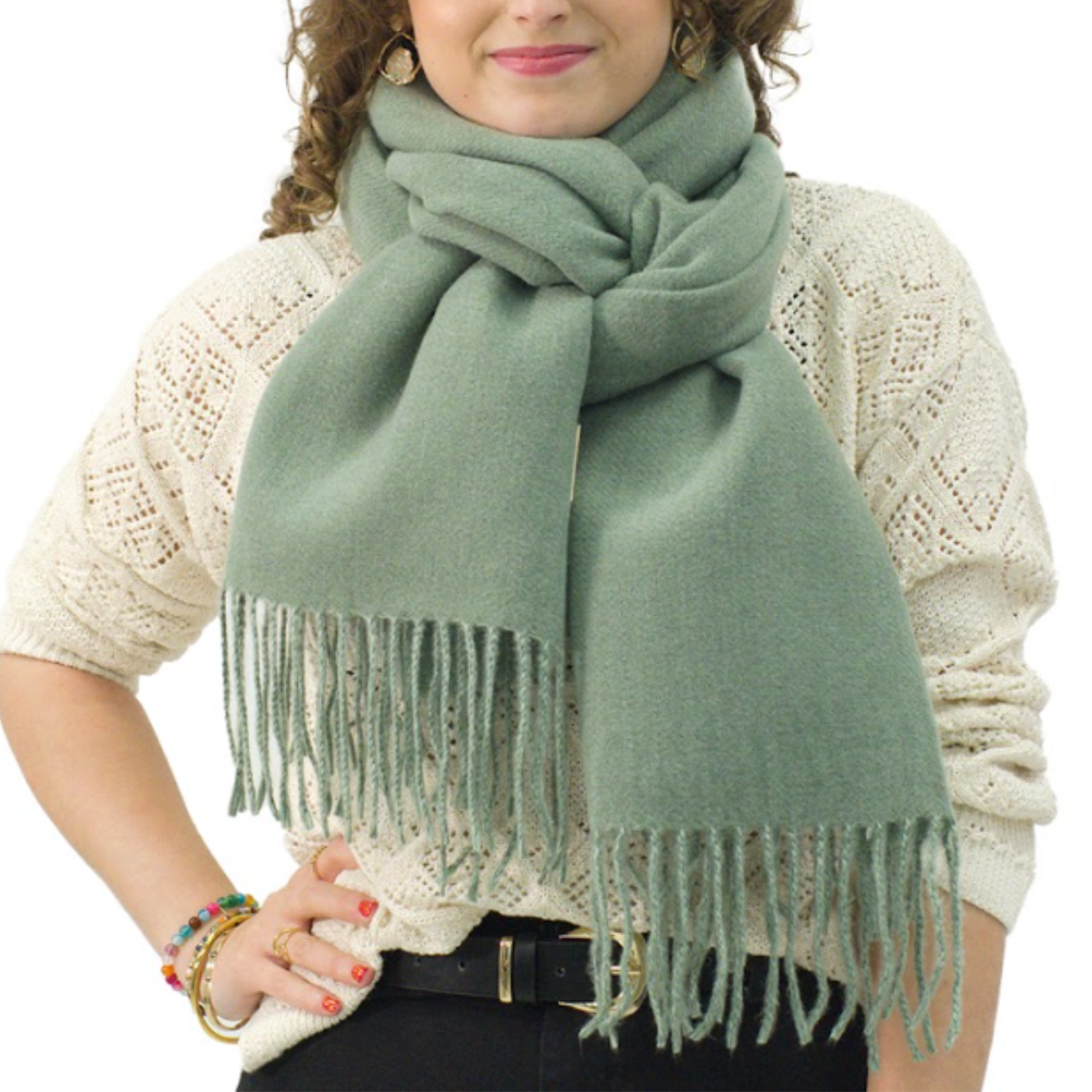Bufanda Larga para Mujer con Flecos Verde Suave