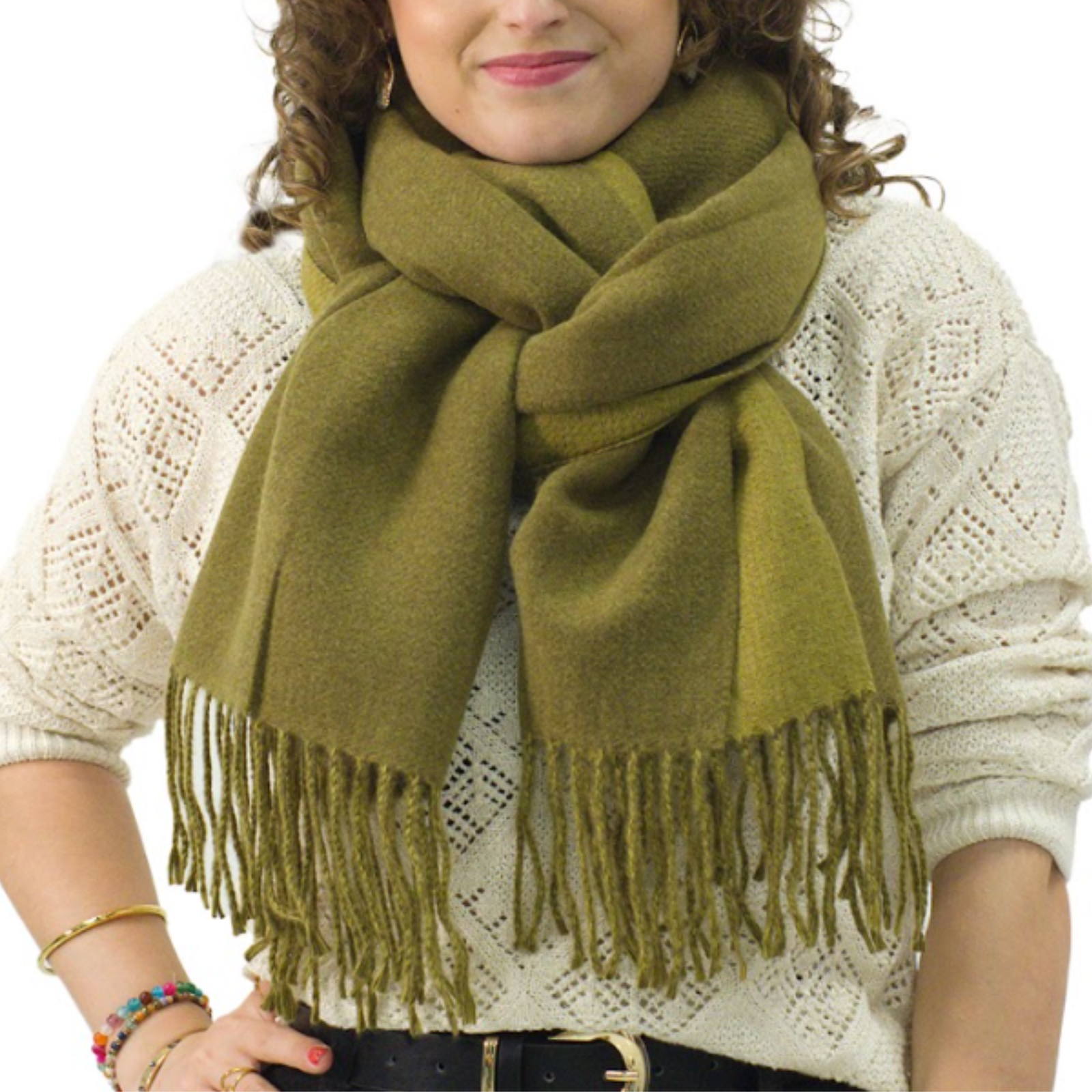 Bufanda Larga para Mujer con Flecos Verde Oliva