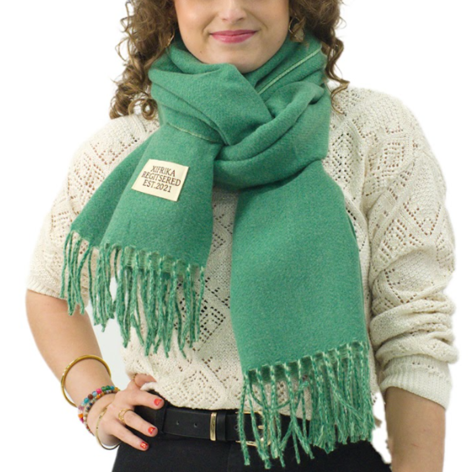 Bufanda Larga para Mujer con Flecos Verde