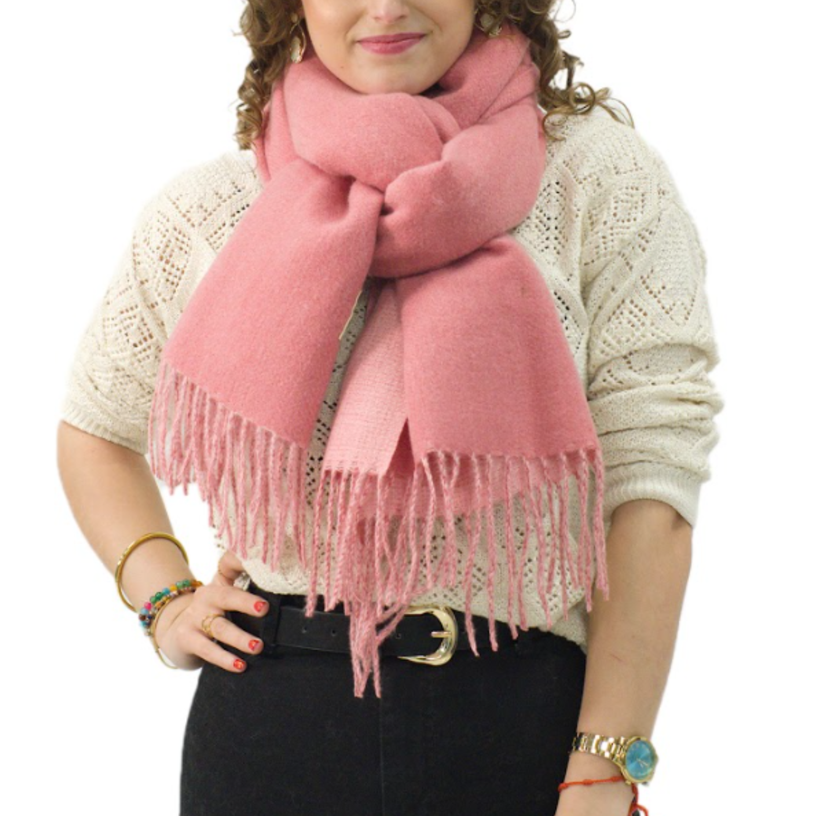 Bufanda Larga para Mujer con Flecos Rosa