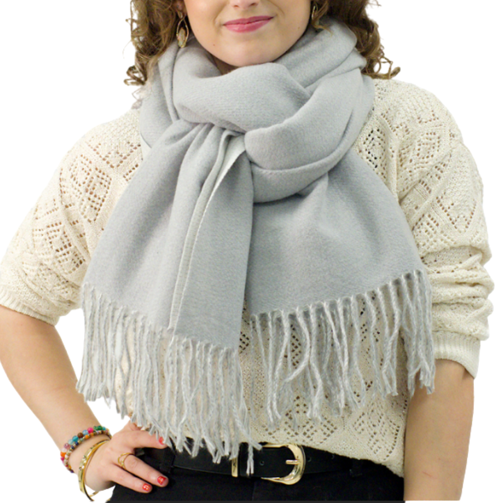 Bufanda Larga para Mujer con Flecos Gris Claro