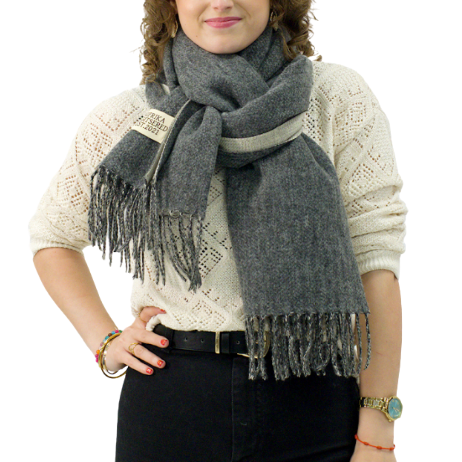 Bufanda Larga para Mujer con Flecos Gris-Beige