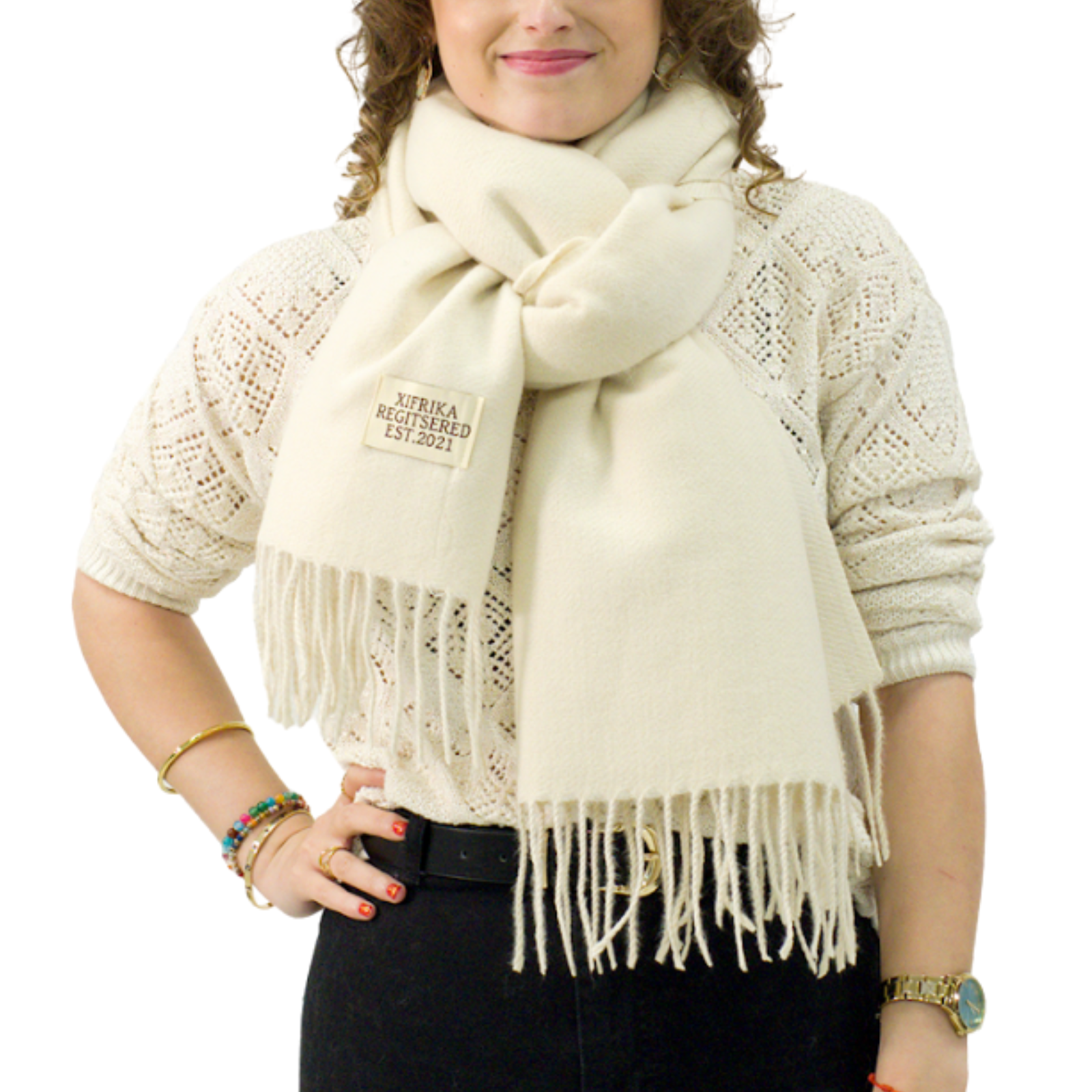 Bufanda Larga para Mujer con Flecos Beige