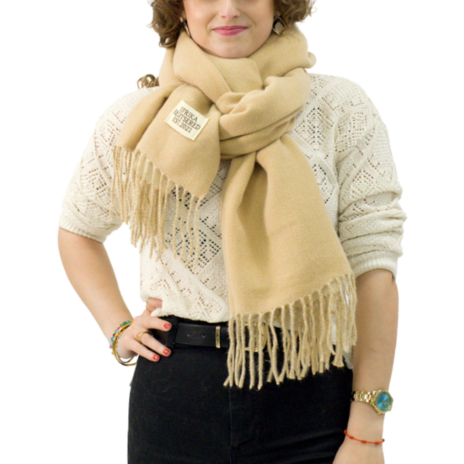 Bufanda Larga para Mujer con Flecos Beige Claro