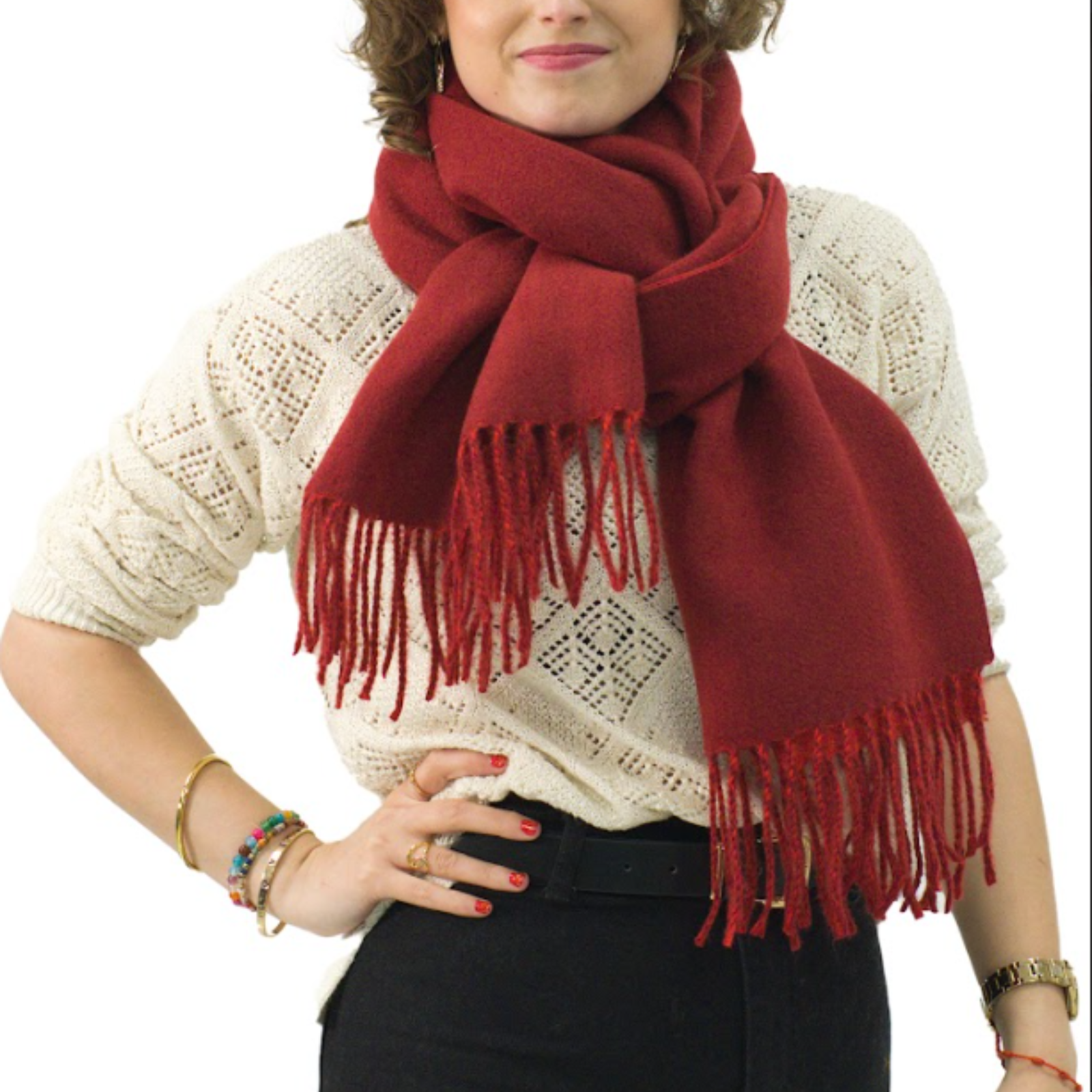 Bufanda Larga para Mujer con Flecos Granate