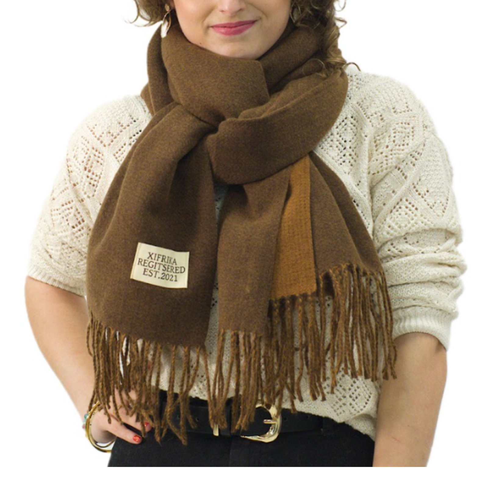 Bufanda Larga para Mujer con Flecos Marrón Oscuro