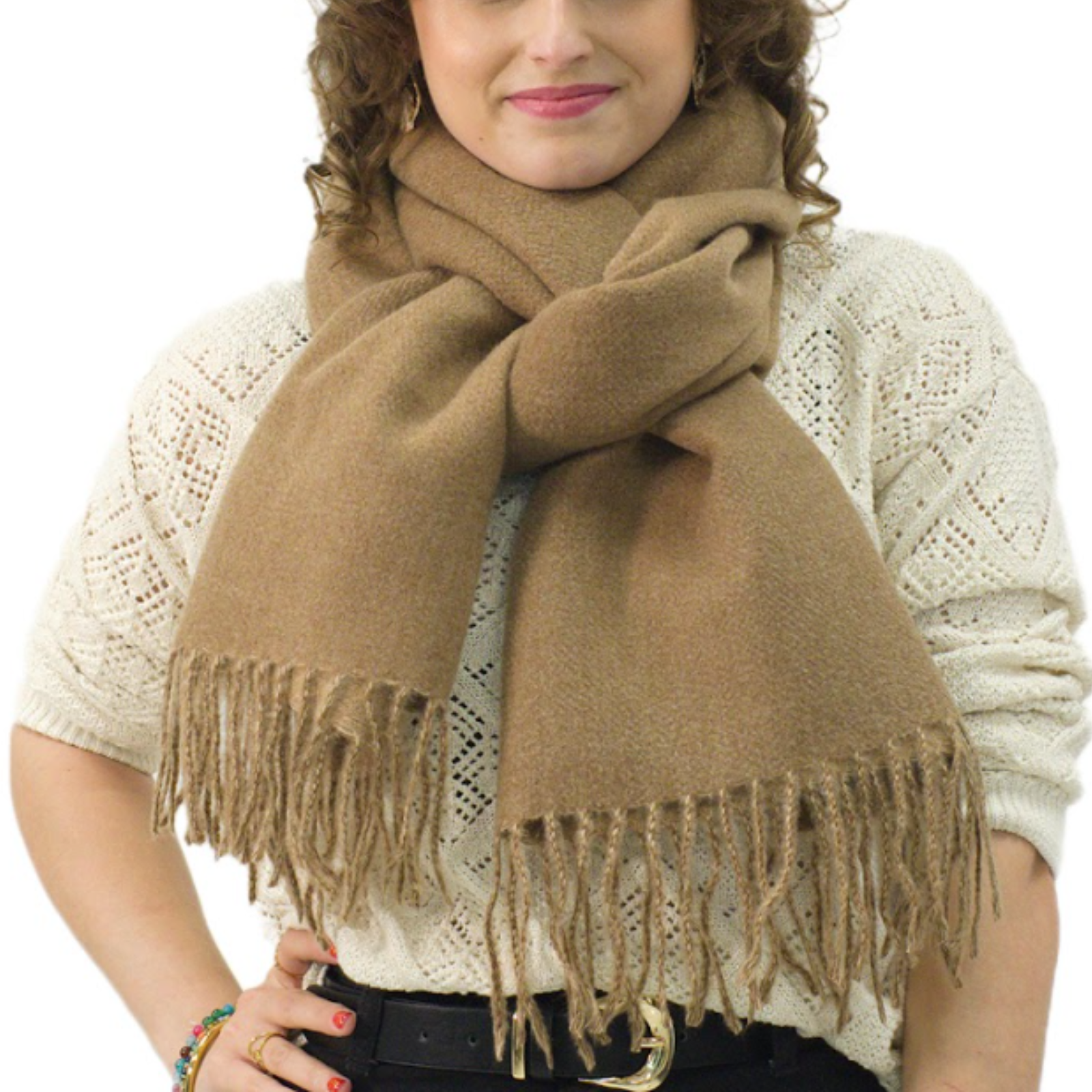 Bufanda Larga para Mujer con Flecos Marrón Claro